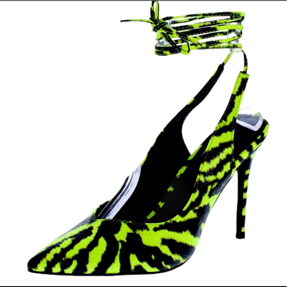 Animal Print Vegan Leather Neon Lime Green Pumps - Picture 6 of 7
